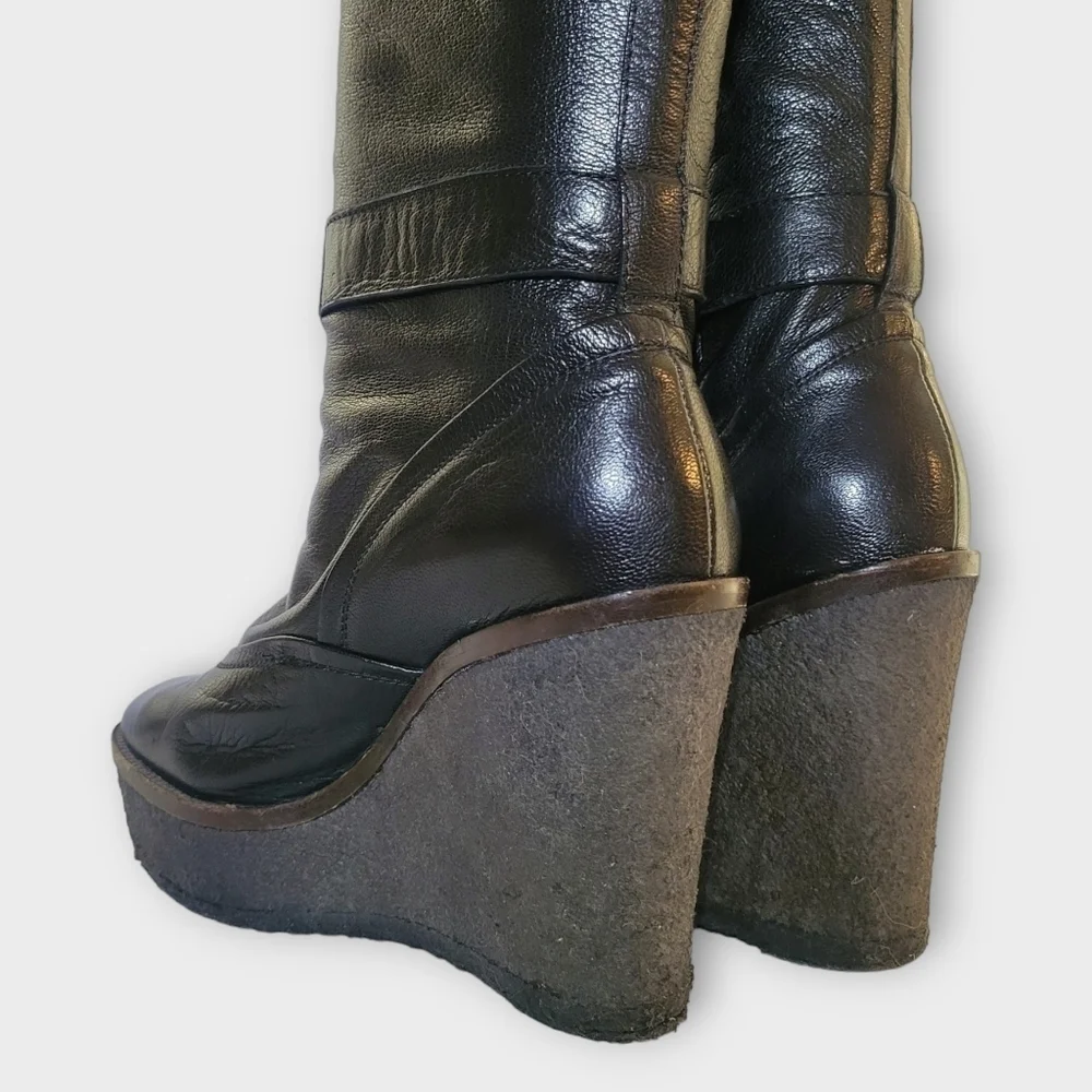 YSL Yves Saint Laurent Tall Black Leather Wedge Boots Vintage 90s Y2K - Picture 10 of 16